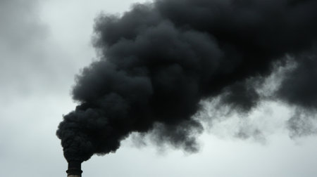 An ominous plume of dark smoke billows from an industrial chimney against a cloudy sky, emphasizing the impact of pollution on air quality and the environment.の素材