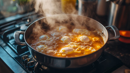 A close-up view of eggs cooking in a pan on a stovetop, surrounded by steam. This image captures the vibrant colors and warmth of a delicious breakfast preparation.の素材