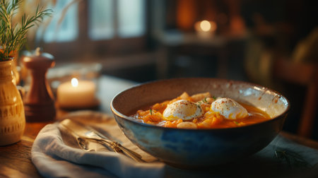 A cozy and inviting bowl of warm soup featuring poached eggs, surrounded by a rustic setting with candlelight, perfect for meal inspiration.の素材