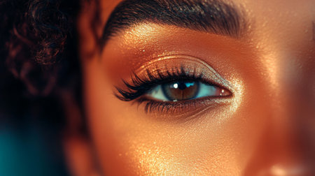 Stunning close-up image of a beautifully made-up eye, showcasing glamorous eyelashes and a radiant shimmer. Perfect for beauty and fashion themes.の素材