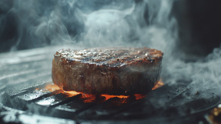 A mouthwatering close-up of a juicy steak grilling over flames, surrounded by smoke. This image captures the essence of delicious outdoor cooking and gourmet meals.の素材