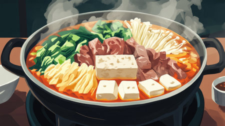 Enjoy a vibrant hot pot featuring an array of fresh ingredients, including tofu, vegetables, and meat, creating a delightful and inviting dining experience.の素材