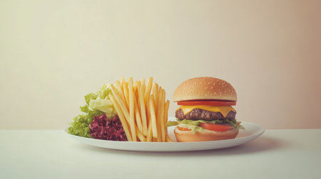 This vibrant image features a delicious classic burger with melted cheese, crispy fries, and fresh salad, perfect for showcasing appetizing fast food.の素材