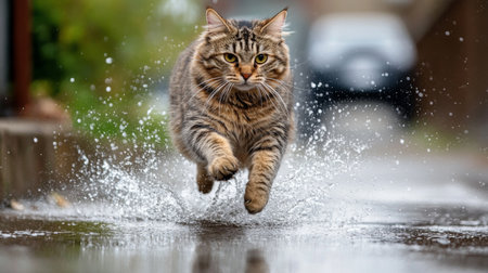 A lively tabby cat joyfully runs through puddles, sending up splashes of water. Captured in vibrant outdoor light, this scene exudes energy and playful spirit.の素材