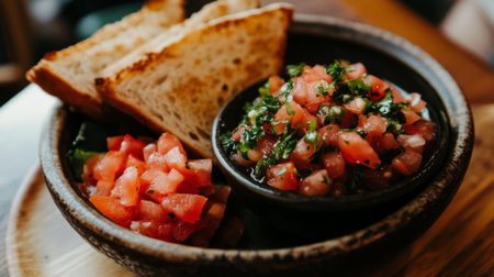 A vibrant arrangement of fresh salsa in a bowl, accompanied by toasted bread and diced tomatoes, showcasing a healthy and flavorful meal option.の素材