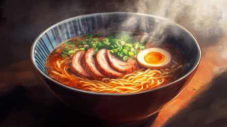 A steaming bowl of ramen featuring tender pork, soft egg, and fresh green onions, perfect for showcasing delicious Japanese cuisine in any setting.の素材