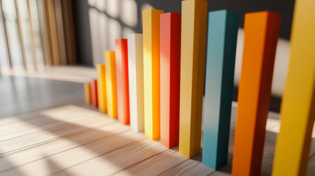 A vibrant bar graph made of colorful blocks arranged on a wooden surface, symbolizing data analysis and business growth in a modern indoor setting.の素材