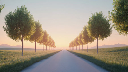 A serene landscape featuring a tree-lined roadway at sunrise, capturing the essence of tranquility and natural beauty. Enjoy the vibrant colors and peaceful atmosphere.の素材