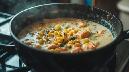 A delicious creamy salmon chowder simmering with corn and fresh vegetables in a pot. Perfect for warm meals and comforting gatherings.の素材