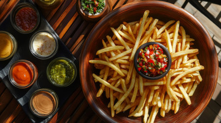 A tempting bowl of crispy French fries served with colorful dips. Perfect for sharing, enjoying as a snack, or adding to a meal.の素材