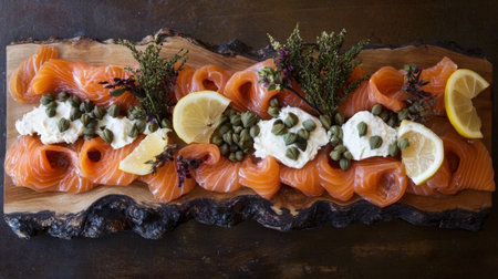 A beautifully arranged platter featuring fresh salmon slices, cream, lemon wedges, and herbs, perfect for appetizers or elegant dining experiences.の素材