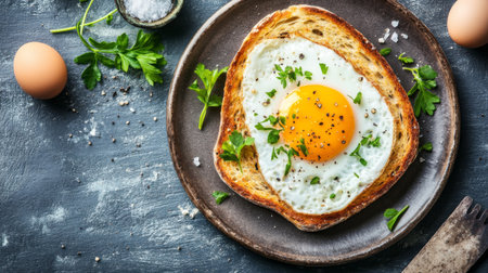 A beautifully arranged egg on toast garnished with fresh parsley and spices, perfect for a hearty breakfast or brunch. This vibrant image showcases the joy of cooking.の素材