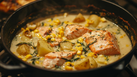 A delicious creamy salmon dish simmering in a pan with fresh vegetables. Ideal for showcasing home-cooked meals and culinary creativity.の素材