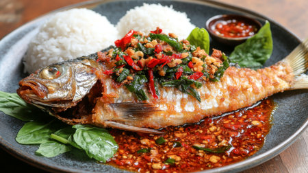 A beautifully presented crispy fried fish served with steamed rice, spicy sauce, and fresh herbs. Perfect for showcasing Asian cuisine and flavors.の素材