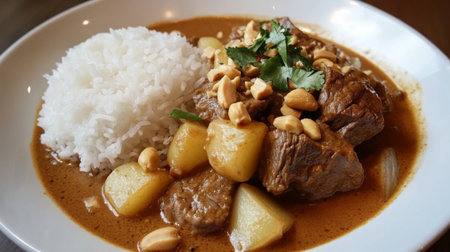A delightful bowl of savory beef curry served with fluffy rice and topped with crunchy cashews. Perfect for a comforting meal or dinner option.の素材