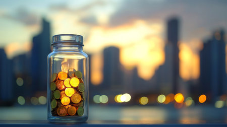 A glass jar filled with coins sits against a sunset backdrop in a city, highlighting themes of savings, investment, and urban life. The blurred skyline adds to the ambiance.の素材