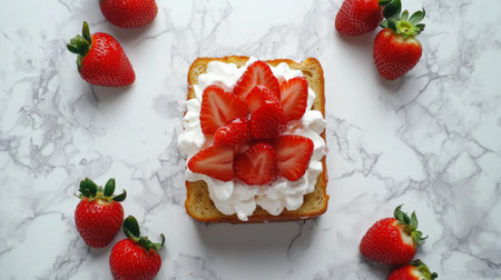 A vibrant dessert featuring fresh strawberries and whipped cream on a marble surface. Ideal for showcasing sweet culinary creations and indulgent treats.の素材