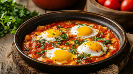 A delicious plated dish featuring fresh eggs nestled in a rich tomato sauce, garnished with herbs. Ideal for breakfast or a wholesome meal.の素材