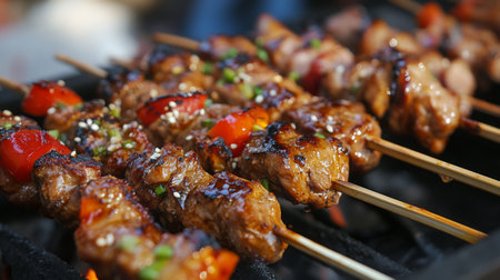 Juicy grilled meat skewers featuring vibrant vegetables, perfect for summer gatherings. Enjoy the smoky flavors and tantalizing aroma of outdoor cooking.の素材