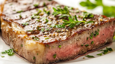 A closeup of a juicy grilled steak garnished with fresh herbs and spices. Perfect for food photography, culinary blogs, or restaurant menus.の素材