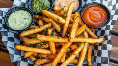 A tempting plate of crispy French fries served with three flavorful dips. Perfect for a snack, side dish, or sharing with friends in a casual dining atmosphere.の素材