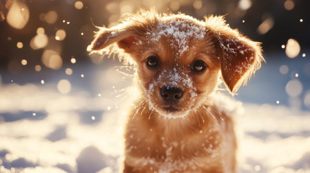 A charming puppy covered in snowflakes captures the essence of winter joy. This adorable animal brings warmth and happiness to a cold snowy landscape.の素材