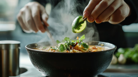 A pair of hands garnishing a steaming bowl of flavorful soup with fresh herbs and lime, showcasing the art of home cooking and delicious food preparation.の素材