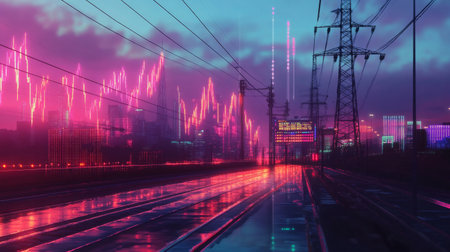 A vibrant neon cityscape at night, featuring electric vibes with reflections on a rain-soaked street. Perfect for urban and modern themes.の素材