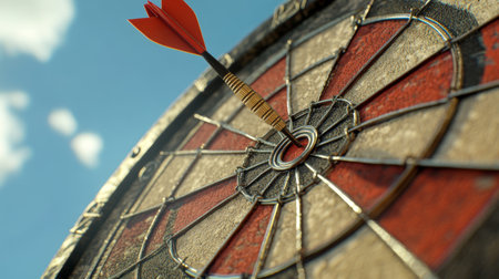 A close-up view of a dart successfully hitting the bullseye on a target against a clear blue sky, symbolizing focus, achievement, and precision in sports.の素材
