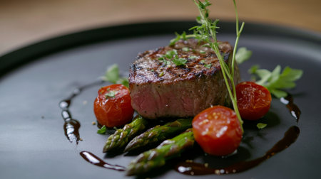 This image showcases a beautifully grilled steak served on a black plate with roasted tomatoes and asparagus, garnished with herbs for an elegant presentation.の素材