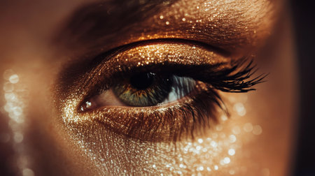 A stunning close-up of an eye featuring shimmering golden makeup, showcasing the beauty and artistry of glam cosmetics with a radiant sparkle effect.の素材