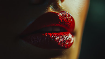 A captivating close-up of glossy red lips, showcasing the vibrancy and allure of bold makeup. The soft lighting enhances the texture and charm.の素材