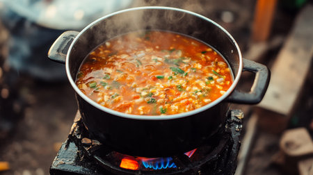 A vibrant pot of soup simmers over an open flame, releasing steam and aroma. Fresh vegetables and herbs create a delicious, hearty meal perfect for outdoor gatherings.の素材