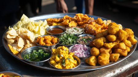 A vibrant Indian snack platter displaying an assortment of crispy and savory treats, garnished with fresh herbs and served in a traditional setting.の素材