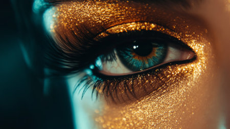 A close-up shot highlighting a sparkling eye adorned with radiant gold makeup. The vibrant colors and intricate details create a stunning visual effect.の素材