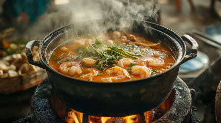 A vibrant seafood dish simmering in a pot, releasing steam and aromas. The blend of fresh shrimp and herbs creates an inviting culinary experience.の素材