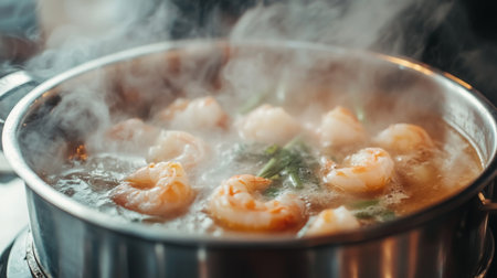 A vibrant scene of fresh shrimp cooking in a steaming pot, highlighting the aromatic steam and rich broth. Perfect for showcasing culinary delights.の素材