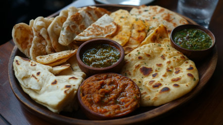 A vibrant display of assorted Indian breads served alongside flavorful dips. Perfect for sharing, this platter showcases traditional culinary delights.の素材