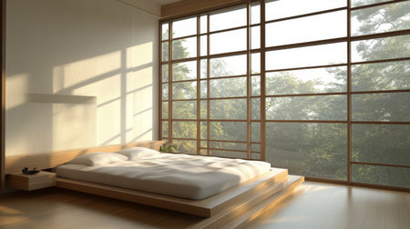 Bright and airy modern bedroom featuring large windows that showcase lush greenery outside, creating a harmonious and tranquil atmosphere.の素材