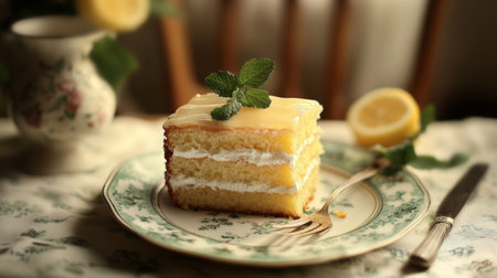 A beautiful slice of lemon cake garnished with fresh mint sits elegantly on a vintage plate. Perfect for tea time or special occasions, this dessert brings a refreshing touch to any gathering.の素材