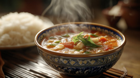A steamy bowl of colorful vegetable soup served with rice, capturing the essence of comfort food. Perfect for cozy dinners and healthy meals.の素材