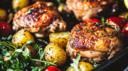 This vibrant image features roasted chicken thighs paired with colorful vegetables, highlighting the savory flavors of fresh herbs and spices. Perfect for meal inspiration!の素材