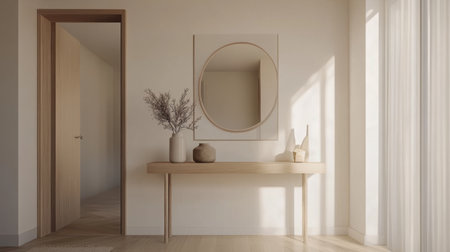 A serene minimalist interior featuring a wooden console table, a large mirror, and a delicate plant arrangement, illuminated by natural light.の素材