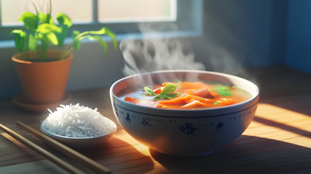 A steaming bowl of soup sits beside a small plate of rice, enhanced by fresh herbs. Natural light streams in, creating a cozy kitchen atmosphere.の素材