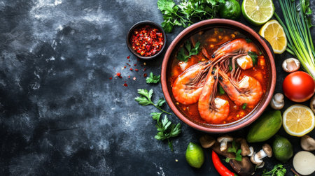 A vibrant bowl of shrimp in a flavorful broth, surrounded by fresh herbs, vegetables, and spices. Perfect for showcasing culinary delights.の素材