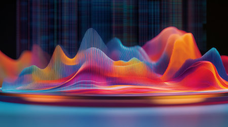 An abstract representation of vibrant sound waves, showcasing colorful patterns and dynamic shapes. Perfect for illustrating concepts of sound, technology, and creativity.の素材