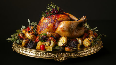 A beautifully roasted turkey garnished with fresh herbs and surrounded by colorful seasonal vegetables on an ornate platter, perfect for holiday feasts.の素材