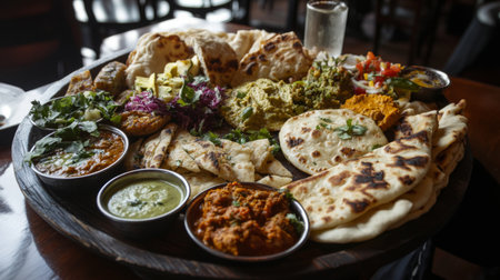 A beautifully arranged platter showcasing a variety of delicious Indian dishes, including curries, naan, and fresh herbs, perfect for sharing and enjoying together.の素材