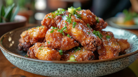 A tempting view of crispy chicken wings garnished with fresh herbs. Perfect for a delicious meal or snack, these savory treats delight the senses.の素材