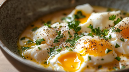 A close-up of creamy poached eggs garnished with fresh herbs and spices, served in a rustic bowl, perfect for a delightful breakfast or brunch.の素材